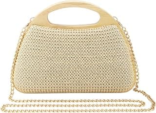 Women's Straw Purse Beaded Bag Wooden Top Handle Embroidery Sequin Handbag Summer Beach Evening Clutch Crossbody Bag
