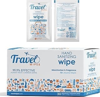 Hand Sanitizing Travel Wipes – 30ct Individually Wrapped | Fresh Citrus Scent, Moisturizing, 70% Alcohol Wipes | Travel, Home, Office, Daily Use