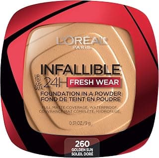 L'Oreal Paris Makeup Infallible Fresh Wear Foundation in a Powder, Up to 24H Wear, Waterproof, Golden Sun, 0.31 oz. (Packaging May Vary)