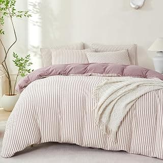 Purple Comforter Set King Striped 100% Soft Washed Microfiber Jacquard 3 Pieces Striped Bedding Sets Purple White Comforter for All Seasons and 2 Pillowcases Comfort Breathable
