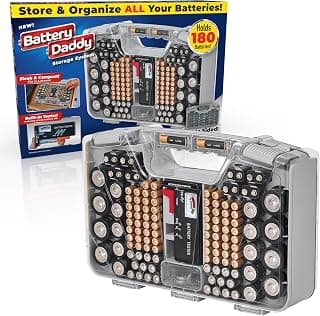 Battery Daddy Ontel Organizer Storage Case & Tester, Holds 180, Warm Grey