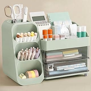 HBlife Desk Organizer with Pen Pencil Holder for Desk, Pen Organizer with 2 Drawers, Desk Organizers and Accessories with 4 Compartments, Desktop Storage for Office Home School Art Supplies, Green