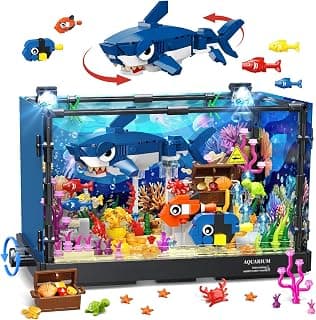 HOGOKIDS Shark Aquarium Building Toy with Movable Animals & Light for Kids | Fish Tank Building Set for Boys Girls Ages 8-14+, Includes Shark, 2 Clownfish & Jellyfish , Christmas Birthday Gift for Kids