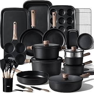 CAROTE 44pcs Pots and Pans, Nonstick Cookware Set with Bakeware | Induction Kitchen Cooking Set, Durable, Easy Food Release, Even Heating, with Knife Set