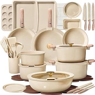 CAROTE 49pcs Pots and Pans Set, Ceramic Cookware Set with Detachable Handle | Baking Pans Set, Knife Set, Non Stick, Induction Compatible, Dishwasher& Oven Safe, Space Saving, for Kitchen/RV/Camping