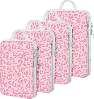 Lemoobolsa 4 Set Compression Packing Cubes For Travel Bags Organizer For Luggage Suitcase Organizer, Compression Bags For Travel Accessories Luggage Storage Set (4 Pcs, Pink Leoparda)