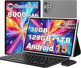 Android 15 Tablet, 30GB RAM + 128GB ROM 1TB TF, 2026 Tablet with Keyboard and Mouse, 10.1 inch Touchscreen, 8000mAh Battery, Incell Display, 2.0GHz, Gemini AI, 5G WiFi, BT 5.0, GPS- Metal Grey