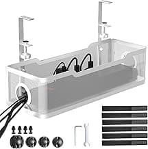 Under Desk Cable Management Tray White, Cinati Wire Organizers No Drill, Cable Tray with Clamp for Wire Management, Cord Organization Box for Office, Home - No Damage to Desk