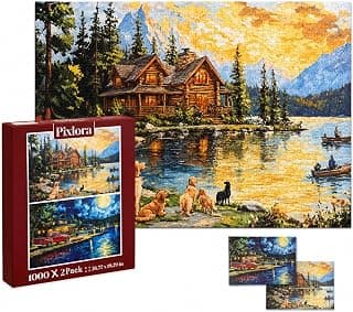 Puzzles for Adults 1000 Pieces, 2 Pack Lake Cabin and Moonlight Jigsaw Puzzles, Night View Theme, Challenging Puzzles for Game Night, Perfect for Nature Lovers