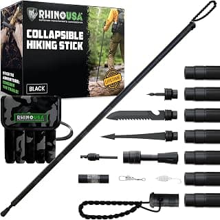 Rhino USA Tactical Hiking Stick w/Survival Kit - Walking Staff for Camping | Compass & Fire Starter Built In. Tactical Multi-Use Walking Staff for Hiking, Camping, Hunting & Backpacking.