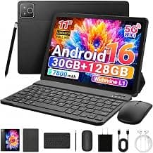 11 Inch 2 in 1 Android 16 Tablet with Keyboard Mouse Pen Case, 30GB RAM 128GB 1TB Expandable, 7800mAh Battery, HD Screen Widevine L1, Dual Cameras Face Unlock, WiFi 6 BT 5.4 Tablets Bundle