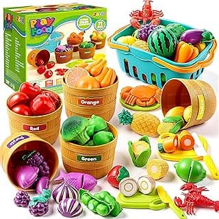 JOYIN Learning Toys Play Food Set for Toddlers, Cutting Food for Preschool Activities, Play Kitchen Accessories, Educational Toys, Color Sorting Set for Boys & Girls, Back to School Gifts for Toddlers