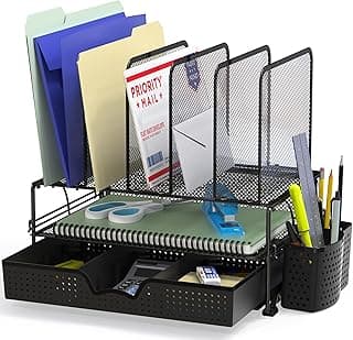 Simple Houseware Desk File Organizer for Office Supplies w/Drawer, Black | Double Tray, Pencil Holder, and 5 Upright Sections with Sliding Drawer