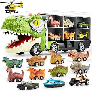 JOYIN 13 in 1 Dinosaur Toys for Kids 3-5, Transport Dinosaur Carrier Truck with 12 Pull Back Cars, Toddler Toys 3-4, Birthday Gifts for 3 4 5+ Year Old Boys