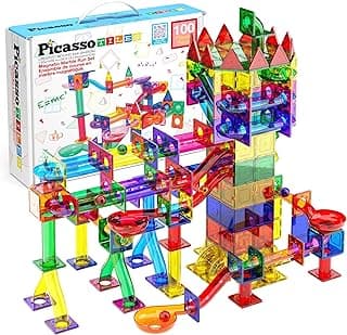 PicassoTiles 100 Piece Marble Run Magnetic Tiles Race Track STEM Ages 3+ | BPA-free ABS plastic, reinforced edges, curved slopes and U-turns, steel balls included, open-ended maze layouts, shared play
