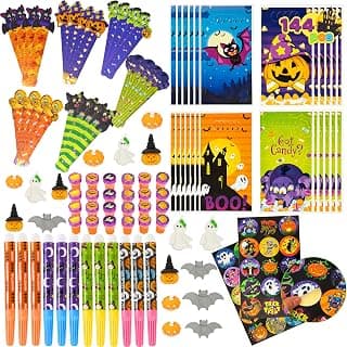 JOYIN 144 Pieces 24 Pack Assorted Halloween Themed Stationery Kid Gift Set Trick Treat Prize Party Favor Toy Including Halloween Coloring Marker, Ruler, Sticker, Stamp and Eraser in Trick or Treat Bag