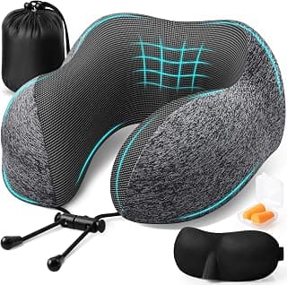ExploreBliss Travel Pillow, Memory Foam Neck Pillow Airplane, Grey | Travel Pillows for Airplanes, Neck Pillow Airplane, Memory Foam Neck Pillow Set with Eye Mask, Earplugs