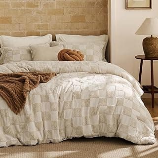Bedsure Queen Size Comforter Set Beige, Boho Tufted Bed Set, Checkered Farmhouse-Style Distressed Vintage Bedding, 3 Pieces, 1 Plaid Geometric Comforter and 2 Pillow Shams