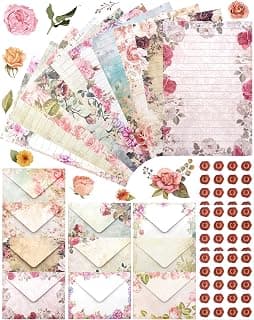 160 Pcs Stationery Paper Set Including 50 Matching Envelopes 50 One Sided Stationery Writing Papers 60 Round Dot Sticker for School Office Supplies,10 Design, 5.5 x 8.25 Inch(Vintage Floral)