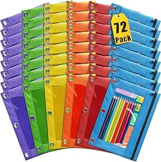 Pencil Pouch for 3 Ring Binder, 72 Pack Pencil Pouches with Zipper & Clear Window - 6 Assorted Color, Pencil Case Bulk for 3-Holes Binder, Multi-Purpose Storage Bag for Office, School Supplies (72)