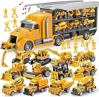 JOYIN 25-in-1 Construction Truck Toy Set with 12 Vehicles & 12 Worker Figures, Push and Go Toy Trucks with Sound and Light, Construction Toys Birthday Gifts for Kids 3 4 5 6 7 Years Old