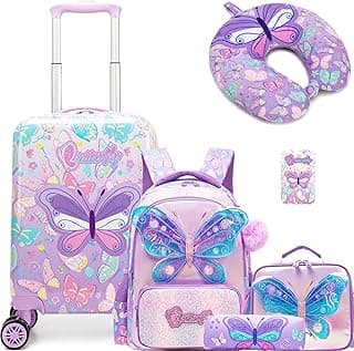 Kid's Luggage Set 5 Piece Suitcase Set 16" Hardside Luggage with Spinner Wheels Girls Carry on Toddler Travel Rolling Suitcase with Neck Pillow Airline Approved