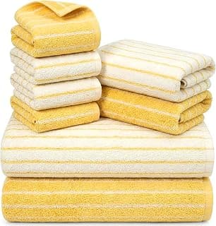 100% Cotton 8 Pack Bath Towels Set, Striped Towel Set, Yellow | Super Soft & Absorbent Towels for Bathroom, Quick Dry Bathroom Towel Set, 2 Bath Towels, 2 Hand Towels, 4 Washcloths Towels