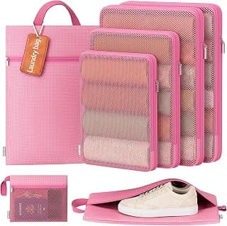 7 Set Compression Packing Cubes for Travel Essentials Suitcase, Collapsible Mesh Packing Cubes for 20-22 inch Carry On Luggage, Expandable Travel Packing Organizers with Laundry Shoe Bag(Pink)