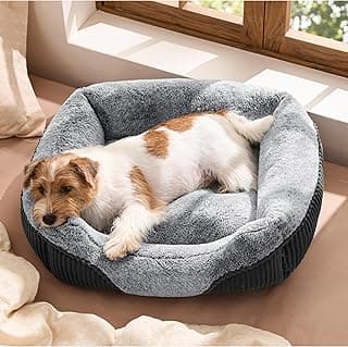 Bedsure Washable Dog Bed Small Medium Size Dog Rectangle Pet Bed,25x21x7in | Soft Puppy Bed,Comfy Corduroy Fleece,Faux Fur Plush,Nonskid Bottom,Suitable for Dogs Up to 20lbs,Grey