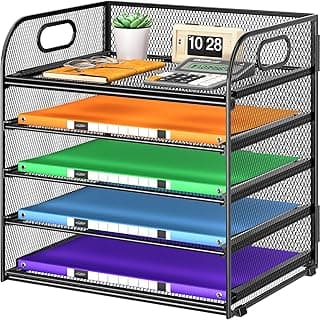 Cawukege 5 Tier Paper Organizer with Handle, Black Metal Mesh Desk Organizer File Folder Paper Letter Tray Desktop Document Sorter for Classroom, School, Office Accessories Organization and Storage